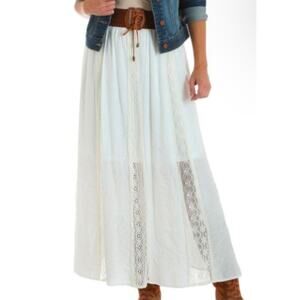 Wrangler Women's Ivory Boho Maxi Skirt Medium Woven Belt Floral Lace Cowgirl